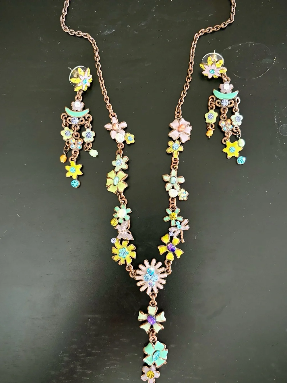 Boho Floral Multicolor Chrystal Enamel Necklace & Earring Set
